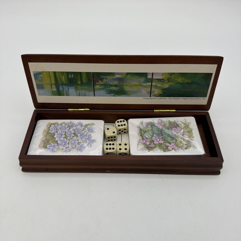Readers Digest 2 Decks of Sealed Playing Cards & Dice in Wooden Hinged Box